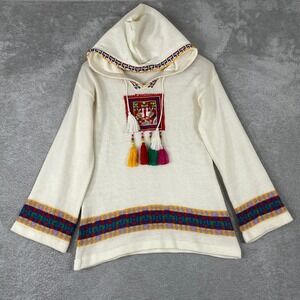 Vintage Melange Knit Hoodie Womens Large Southwestern Bird Tassel Boho 80s